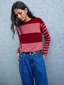 Nöista Color Block Striped T Shirt. Fall Winter, Casual, College, Back To School, Everyday. - Red - View 5