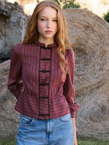 Nöista Kemeja Bergaris Burgundy Pas Badan dengan Rumbai. Gaya Retro, Kencan, Makan Malam, Jalan-jalan, Musim Gugur dan Musim Dingin. - Burgundy - View 2
