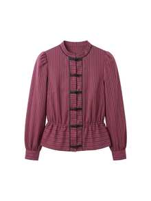 Nöista Kemeja Bergaris Burgundy Pas Badan dengan Rumbai. Gaya Retro, Kencan, Makan Malam, Jalan-jalan, Musim Gugur dan Musim Dingin. - Burgundy - View 7