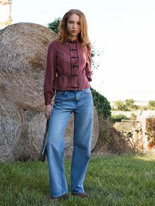 Nöista Kemeja Bergaris Burgundy Pas Badan dengan Rumbai. Gaya Retro, Kencan, Makan Malam, Jalan-jalan, Musim Gugur dan Musim Dingin. - Burgundy - View 4