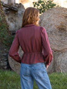 Nöista Kemeja Bergaris Burgundy Pas Badan dengan Rumbai. Gaya Retro, Kencan, Makan Malam, Jalan-jalan, Musim Gugur dan Musim Dingin. - Burgundy - View 6