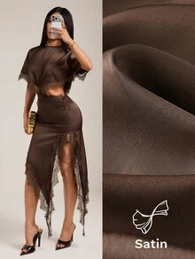 SHEIN PETITE Petite-Friendly Silk And Lace Patchwork Dress With An Asymmetrical, Sexy Cutout Design. - Brown - View 4