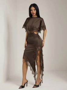 SHEIN PETITE Petite-Friendly Silk And Lace Patchwork Dress With An Asymmetrical, Sexy Cutout Design. - Brown - View 8