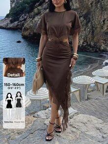 SHEIN PETITE Petite-Friendly Silk And Lace Patchwork Dress With An Asymmetrical, Sexy Cutout Design. - Brown - View 1