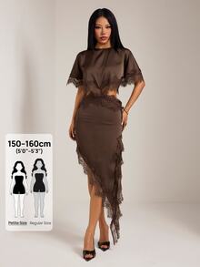 SHEIN PETITE Petite-Friendly Silk And Lace Patchwork Dress With An Asymmetrical, Sexy Cutout Design. - Brown - View 3