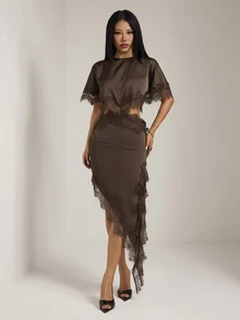 SHEIN PETITE Petite-Friendly Silk And Lace Patchwork Dress With An Asymmetrical, Sexy Cutout Design. - Brown - View 9