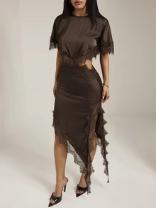 SHEIN PETITE Petite-Friendly Silk And Lace Patchwork Dress With An Asymmetrical, Sexy Cutout Design. - Brown - View 10
