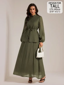 SHEIN Tall 高挑版型端莊風綠色兩件式套裝，小立領襯衫搭配裙子 - 橄欖綠 - 查看 1