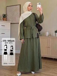 SHEIN Tall 高挑版型端莊風綠色兩件式套裝，小立領襯衫搭配裙子 - 橄欖綠 - 查看 3