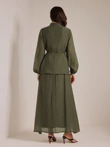 SHEIN Tall 高挑版型端莊風綠色兩件式套裝，小立領襯衫搭配裙子 - 橄欖綠 - 查看 10