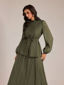 SHEIN Tall 高挑版型端莊風綠色兩件式套裝，小立領襯衫搭配裙子 - 橄欖綠 - 查看 4