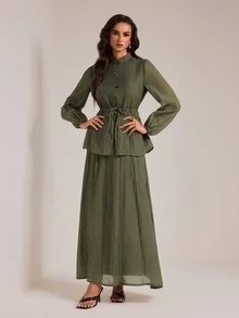 SHEIN Tall 高挑版型端莊風綠色兩件式套裝，小立領襯衫搭配裙子 - 橄欖綠 - 查看 7