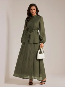 SHEIN Tall 高挑版型端莊風綠色兩件式套裝，小立領襯衫搭配裙子 - 橄欖綠 - 查看 6