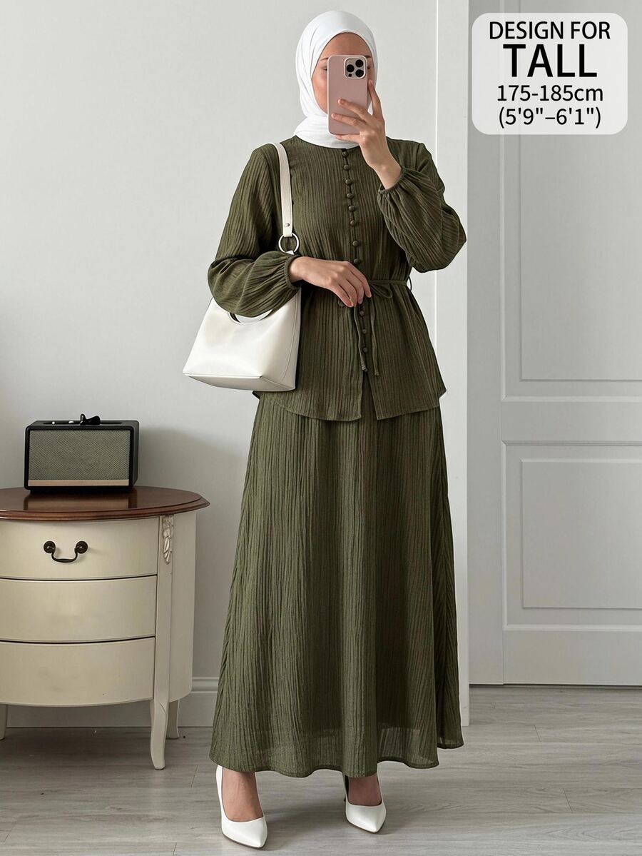 SHEIN Tall Tall-Fit, Modest-Style Green Two Pieces Set Featuring A Small Stand-Collar Shirt And A Skirt. - Olive Green - View 1
