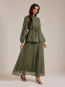 SHEIN Tall 高挑版型端莊風綠色兩件式套裝，小立領襯衫搭配裙子 - 橄欖綠 - 查看 8