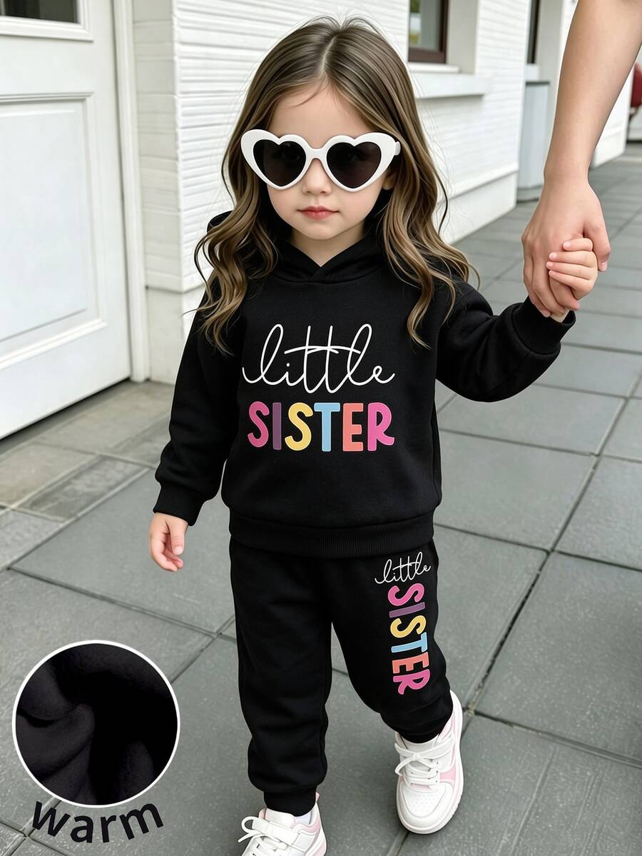 SHEIN Playful Pals 2 件套女婴时尚简约彩色字母印花连帽羊毛衫和字母印花羊毛裤套装,适合秋冬季外出 - 黑色 - 查看 1