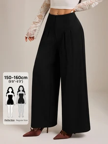 SHEIN PETITE بنطلون أسود أنيق بخصر عالي وساق واسعة للنساء الصغيرات - مثالي للأعمال والتنقل. - الأسود - مشاهدة 3