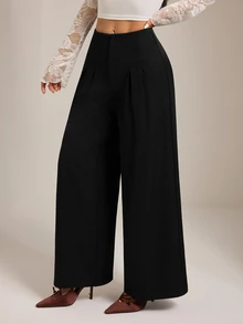 SHEIN PETITE بنطلون أسود أنيق بخصر عالي وساق واسعة للنساء الصغيرات - مثالي للأعمال والتنقل. - الأسود - مشاهدة 9