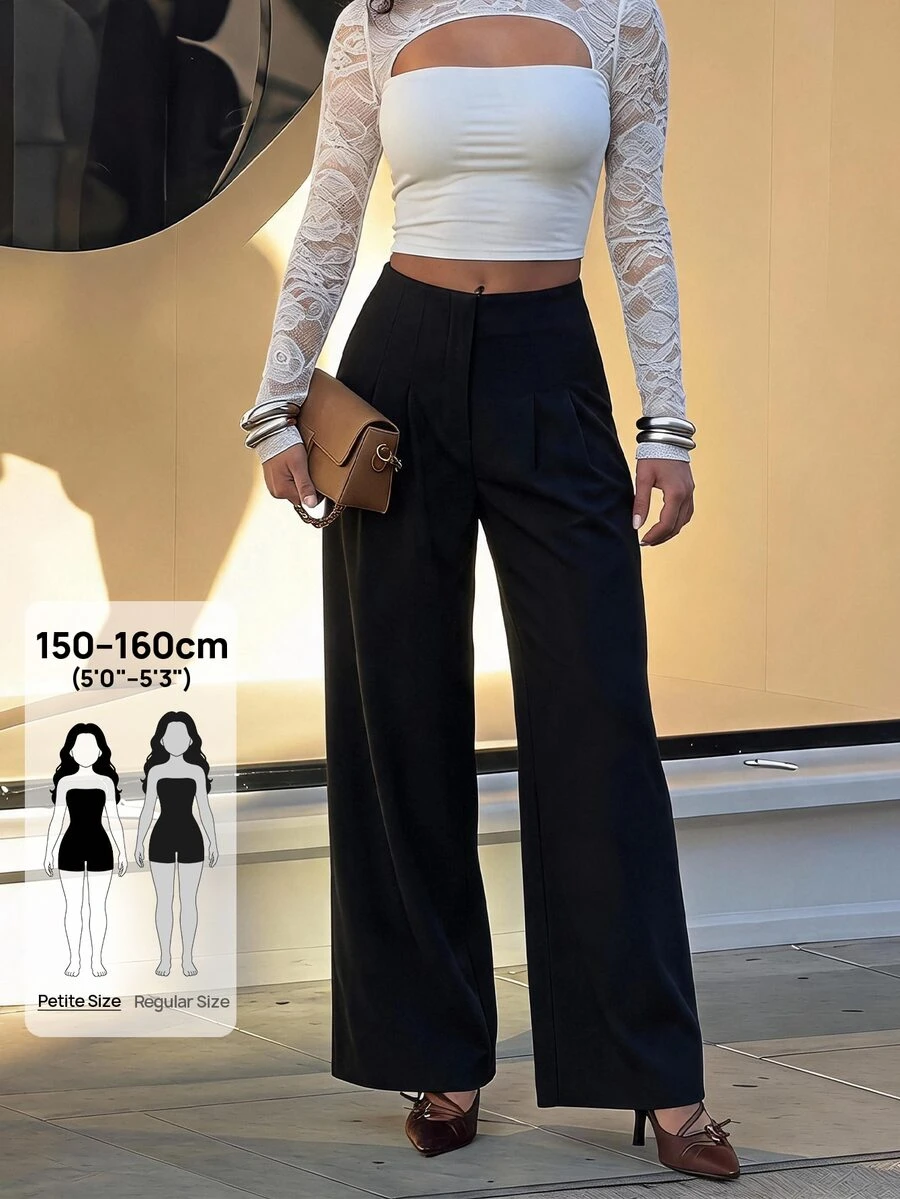 SHEIN PETITE بنطلون أسود أنيق بخصر عالي وساق واسعة للنساء الصغيرات - مثالي للأعمال والتنقل. - الأسود - مشاهدة 1