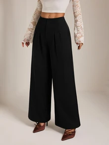 SHEIN PETITE بنطلون أسود أنيق بخصر عالي وساق واسعة للنساء الصغيرات - مثالي للأعمال والتنقل. - الأسود - مشاهدة 6