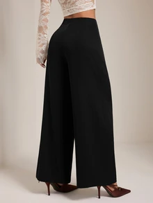 SHEIN PETITE بنطلون أسود أنيق بخصر عالي وساق واسعة للنساء الصغيرات - مثالي للأعمال والتنقل. - الأسود - مشاهدة 2