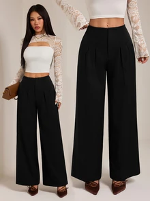 SHEIN PETITE بنطلون أسود أنيق بخصر عالي وساق واسعة للنساء الصغيرات - مثالي للأعمال والتنقل. - الأسود - مشاهدة 5