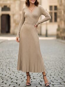 EMERY ROSE Gaun Sweater Lipit Elegan Gaya Jalanan Wanita untuk Liburan, Brunch, Warna Khaki, Musim Gugur - Aprikot - View 4