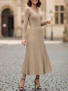EMERY ROSE Gaun Sweater Lipit Elegan Gaya Jalanan Wanita untuk Liburan, Brunch, Warna Khaki, Musim Gugur - Aprikot - View 7