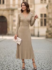 EMERY ROSE Gaun Sweater Lipit Elegan Gaya Jalanan Wanita untuk Liburan, Brunch, Warna Khaki, Musim Gugur - Aprikot - View 8