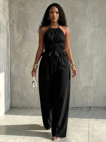 Eryvara Women's New Solid Color Slim Fit Halter Neck Sleeveless Top And Pants 2 Pieces Set, Suitable For Vacation, Casual, Daily, Dating Occasions - Black - View 4