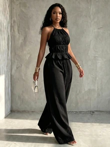 Eryvara Women's New Solid Color Slim Fit Halter Neck Sleeveless Top And Pants 2 Pieces Set, Suitable For Vacation, Casual, Daily, Dating Occasions - Black - View 6