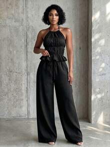 Eryvara Women's New Solid Color Slim Fit Halter Neck Sleeveless Top And Pants 2 Pieces Set, Suitable For Vacation, Casual, Daily, Dating Occasions - Black - View 8