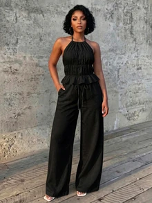 Eryvara Women's New Solid Color Slim Fit Halter Neck Sleeveless Top And Pants 2 Pieces Set, Suitable For Vacation, Casual, Daily, Dating Occasions - Black - View 7