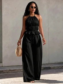 Eryvara Women's New Solid Color Slim Fit Halter Neck Sleeveless Top And Pants 2 Pieces Set, Suitable For Vacation, Casual, Daily, Dating Occasions - Black - View 3