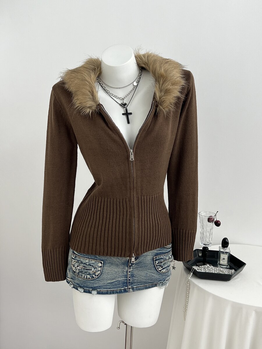 Elamini Women's Long Sleeve Zip-Up Cardigan With Contrast Fur Collar - Khaki - View 1