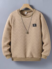 SHEIN 男童几何图案圆领长袖休闲套头卫衣，时尚秋冬款 - 棕色 - 查看 6