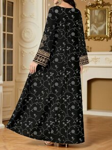 SHEIN Najma Gaun Maxi Wanita Elegan Gaya Arab dengan Leher V, Lengan Panjang, dan Motif Bunga, Tumbuhan & Geometris Cetak Digital, Musim Semi - MultiWarna - View 2