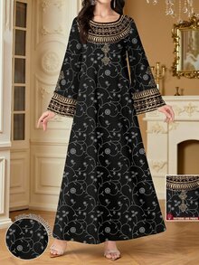 SHEIN Najma Gaun Maxi Wanita Elegan Gaya Arab dengan Leher V, Lengan Panjang, dan Motif Bunga, Tumbuhan & Geometris Cetak Digital, Musim Semi - MultiWarna - View 1