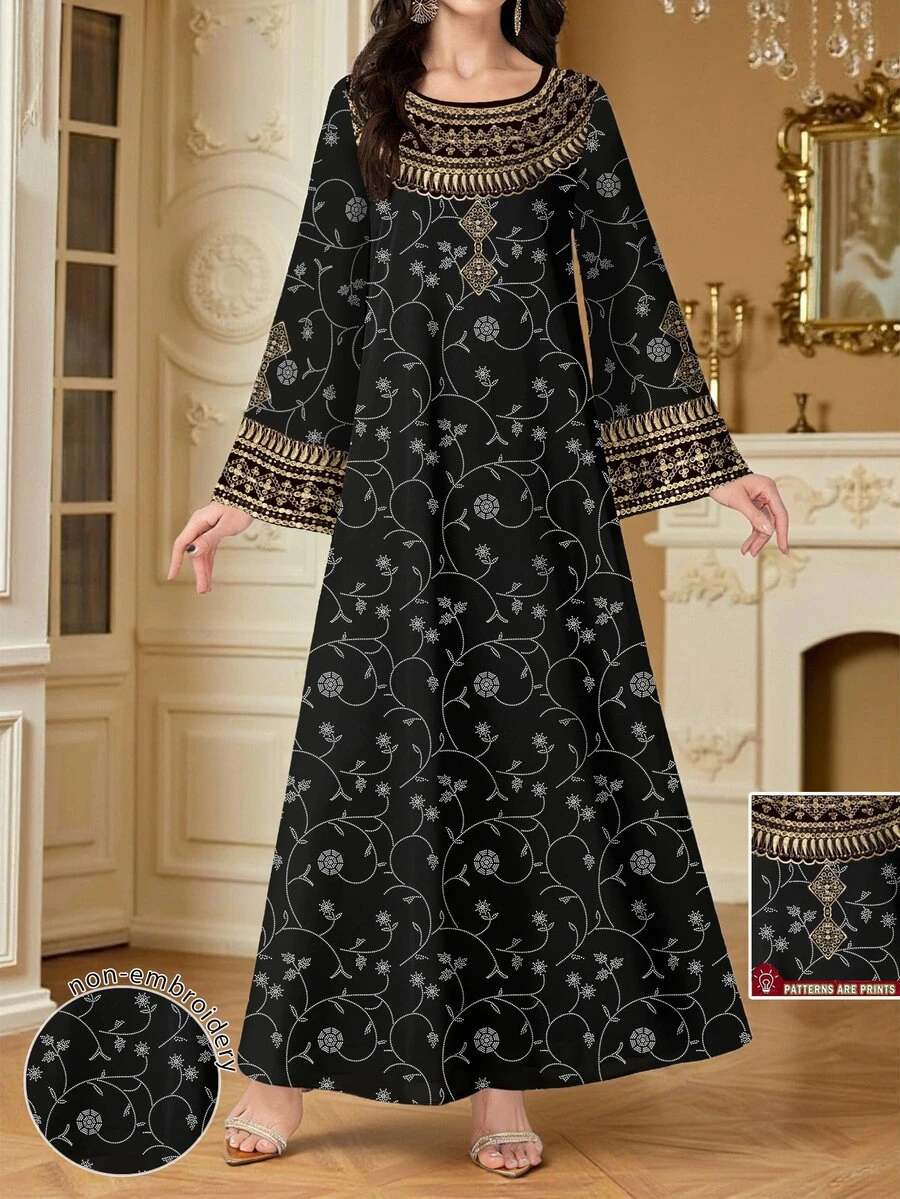 SHEIN Najma Gaun Maxi Wanita Elegan Gaya Arab dengan Leher V, Lengan Panjang, dan Motif Bunga, Tumbuhan & Geometris Cetak Digital, Musim Semi - MultiWarna - View 1