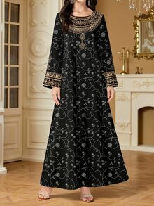 SHEIN Najma Gaun Maxi Wanita Elegan Gaya Arab dengan Leher V, Lengan Panjang, dan Motif Bunga, Tumbuhan & Geometris Cetak Digital, Musim Semi - MultiWarna - View 3