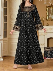 SHEIN Najma Gaun Maxi Wanita Elegan Gaya Arab dengan Leher V, Lengan Panjang, dan Motif Bunga, Tumbuhan & Geometris Cetak Digital, Musim Semi - MultiWarna - View 4