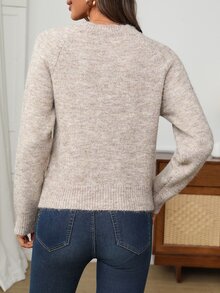 EMERY ROSE 女款素色休閒百搭日常穿著長袖針織衫 米色 秋冬辦公室早午餐毛衣 - 卡其色 - 查看 2