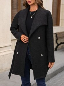 EMERY ROSE Women's Solid Color Long Sleeve Double Breasted Elegant Smart Casual Overcoat Office Dinner Everyday Dark Grey Fall - Dark Grey - View 8