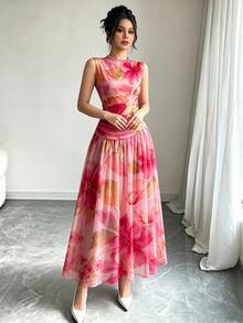 Modelyn 玫瑰紅大花卉植物圖案法式風格女裝，低領無袖收腰長洋裝，腰部百褶設計，花卉圖案淺杏色雪紡洋裝，夏季度假風穿搭，日常優雅服飾 - 彩色 - 查看 5