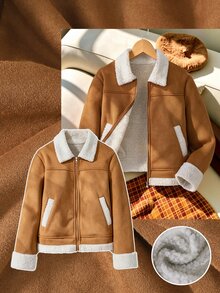 SHEIN 青少年女孩長袖抓絨秋季衣飾 美式復古工裝寬鬆街頭風 寬鬆美拉德色白色羊羔絨拼接短夾克 - 咖啡棕 - 查看 2