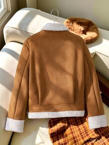 SHEIN 青少年女孩長袖抓絨秋季衣飾 美式復古工裝寬鬆街頭風 寬鬆美拉德色白色羊羔絨拼接短夾克 - 咖啡棕 - 查看 10