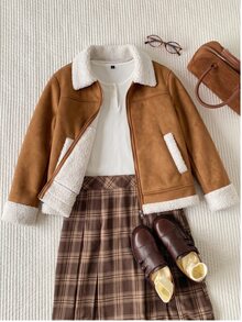 SHEIN 青少年女孩長袖抓絨秋季衣飾 美式復古工裝寬鬆街頭風 寬鬆美拉德色白色羊羔絨拼接短夾克 - 咖啡棕 - 查看 4