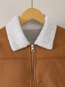 SHEIN 青少年女孩長袖抓絨秋季衣飾 美式復古工裝寬鬆街頭風 寬鬆美拉德色白色羊羔絨拼接短夾克 - 咖啡棕 - 查看 8