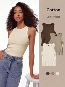 SHEIN BASICS 女款純色圓領休閒百搭背心 - 彩色 - 查看 1