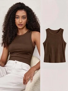 SHEIN BASICS 女款純色圓領休閒百搭背心 - 彩色 - 查看 2